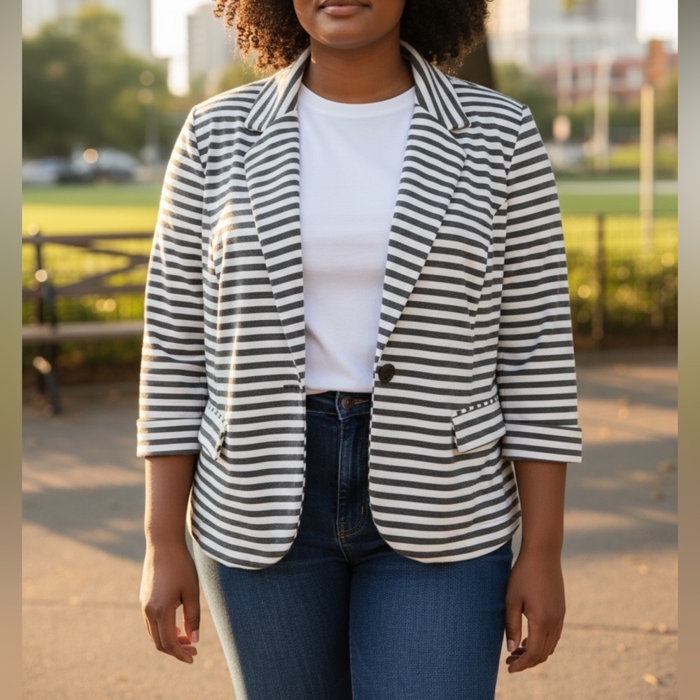 Catherine Malandrino gray and white striped blazer jacket Sz XXL